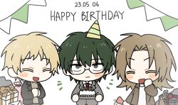 Rule 34 | 3boys, atou haruki, birthday cake, black eyes, black jacket, blonde hair, brown jacket, brown sweater, cake, closed eyes, closed mouth, co tsuu e, collared shirt, colored eyelashes, commentary request, dated, english text, food, green hair, grey jacket, happy birthday, hat, holding, holding cake, holding food, jacket, korean commentary, light brown hair, long sleeves, male focus, medium hair, multiple boys, necktie, open clothes, open jacket, open mouth, otowa rui (saibou shinkyoku), own hands together, party hat, red necktie, saibou shinkyoku, sanpaku, shinano eiji, shirt, short hair, smile, sweater, turtleneck, turtleneck sweater, white shirt