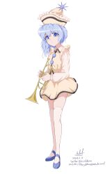 Rule 34 | 1girl, absurdres, blue eyes, blue footwear, blue hair, buttons, commentary, english commentary, frilled hat, frills, full body, hat, highres, holding, holding instrument, instrument, long sleeves, mary janes, medium hair, merlin prismriver, miniskirt, o3o, pink hat, pink skirt, pink vest, pointy hat, puffy sleeves, shirt, shoes, simple background, skirt, skirt set, solo, standing, sun hat ornament, thighhighs, touhou, trumpet, vest, white background, white shirt, white thighhighs, zettai ryouiki, zyryab