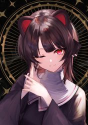 Rule 34 | 1girl, ;), animal ears, black background, black dress, black hair, brown hair, closed mouth, commentary request, dog ears, dress, hands up, highres, inui toko, jazztaki, long hair, long sleeves, looking at viewer, multicolored hair, nijisanji, one eye closed, red eyes, ringed eyes, smile, solo, two-tone hair, virtual youtuber, wide sleeves