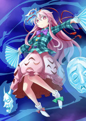 Rule 34 | 1girl, abe ranzu, aura, boots, bow, bowtie, collared shirt, dual wielding, floating, folding fan, hand fan, hata no kokoro, highres, holding, looking at viewer, mask, mask on head, pink eyes, pink hair, plaid, plaid shirt, see-through, shirt, skirt, solo, touhou, wide-eyed