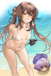 Rule 34 | 2girls, absurdres, alternate costume, arms behind back, bare shoulders, beach, bikini, blush, breasts, brown eyes, brown hair, buried, chroong, collarbone, commentary request, eyebrows hidden by hair, feet out of frame, flat chest, floating hair, flower-shaped pupils, genshin impact, grin, halftone, halterneck, hat, highres, holding, hu tao (genshin impact), korean commentary, leaning forward, long hair, looking at viewer, multiple girls, navel, ocean, ofuda, outdoors, purple hair, purple headwear, qingdai guanmao, qiqi (genshin impact), raised eyebrows, sand, short hair, sidelocks, small breasts, smile, standing, stomach, string bikini, swimsuit, symbol-shaped pupils, teeth, thighs, twintails, water, white bikini