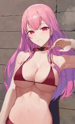 Rule 34 | 1girl, absurdres, arm up, bikini, breasts, cleavage, collar, collarbone, commentary, grin, highres, hololive, hololive english, large breasts, light blush, long hair, looking at viewer, mori calliope, navel, parted lips, pink hair, red bikini, red collar, red eyes, smile, solo, starshell, stomach, swimsuit, underboob, upper body, virtual youtuber, wall