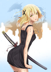 Rule 34 | 1girl, 2018, absurdres, black dress, black thighhighs, blonde hair, blush, border, breasts, building, building print, dated, dress, eudetenis, from side, hair between eyes, hair ornament, head tilt, highres, holding, holding clothes, holding sword, holding weapon, jewelry, katana, lips, lipstick, long hair, looking at viewer, looking back, looking to the side, makeup, matching hair/eyes, necklace, original, pantylines, parted lips, pendant, pink lips, profile, see-through, sheath, sheathed, short dress, signature, sleeveless, sleeveless dress, small breasts, solo, standing, sweat, sweatdrop, sword, thighhighs, weapon, x hair ornament, yellow eyes, zettai ryouiki
