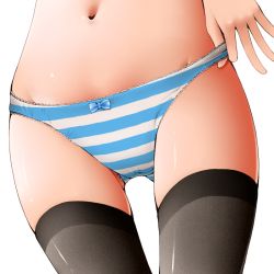Rule 34 | 1girl, black thighhighs, bow, bow panties, close-up, dr rex, groin, navel, original, panties, pov panties, simple background, solo, striped clothes, striped panties, thighhighs, underwear, white background