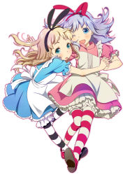 Rule 34 | 2girls, alice (alice in wonderland), alice in wonderland, apron, aqua eyes, black ribbon, blonde hair, bloomers, dress, dual persona, frills, full body, hair ribbon, holding hands, long hair, looking at viewer, mary janes, mattaku mousuke, multiple girls, one eye closed, pantyhose, purple hair, red ribbon, ribbon, shoes, simple background, smile, striped clothes, striped legwear, striped pantyhose, thighhighs, underwear, white background, wink