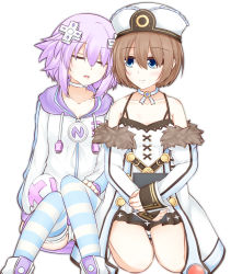Rule 34 | 2girls, amo chenbe, bad id, bad pixiv id, bare shoulders, blanc (neptunia), blue eyes, blush, breasts, brown hair, choker, cleavage, closed eyes, coat, collarbone, commentary request, d-pad, d-pad hair ornament, dress, hair between eyes, hair ornament, hat, highres, hood, hooded jacket, jacket, knees together feet apart, knees up, long sleeves, looking at another, multiple girls, neptune (neptunia), neptune (series), open mouth, panties, pantyshot, purple hair, seiza, short hair, shoulder-to-shoulder, simple background, sitting, sleeping, sleeping on person, sleeping upright, small breasts, smile, spaghetti strap, striped clothes, striped legwear, striped thighhighs, thighhighs, underwear, usb, white background, white choker, white dress