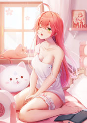 Rule 34 | 1girl, 35p (sakura miko), ahoge, animal ears, bare arms, bare legs, bare shoulders, barefoot, between legs, blush, breasts, bridal garter, camisole, cat ears, cellphone, collarbone, commentary request, curtains, drawing (object), electric fan, full body, green eyes, hair between eyes, hand between legs, highres, hololive, indoors, kintoki (sakura miko), light particles, long hair, looking at viewer, medium breasts, nintendo switch, nyan (reinyan 007), on bed, one eye closed, open mouth, phone, pillow, red hair, sakura miko, sitting, smartphone, solo, strap slip, v arms, virtual youtuber, wariza, window