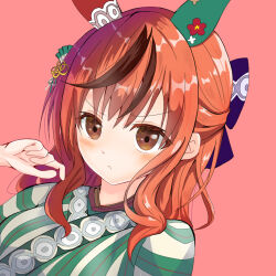 Rule 34 | 1girl, animal ears, blush, bow, brown eyes, brown hair, ear covers, frown, fuu (fuka06251121), green kimono, hair bow, horse ears, japanese clothes, kimono, looking at viewer, medium hair, mismatched ear covers, multicolored hair, nice nature (converging wishes) (umamusume), nice nature (umamusume), pink background, pout, simple background, solo, streaked hair, striped clothes, striped kimono, umamusume, upper body, vertical-striped clothes, vertical-striped kimono