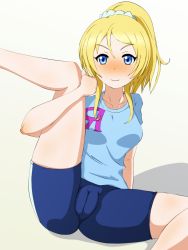 Rule 34 | 10s, 1girl, ayase eli, bike shorts, blonde hair, blue eyes, blush, breasts, cameltoe, highres, large breasts, leg up, legs, long hair, looking at viewer, love live!, love live! school idol festival, love live! school idol project, ponytail, simple background, sitting, smile, solo, thighs, white background