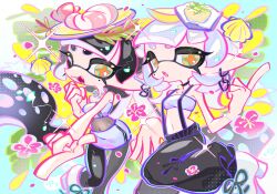 Rule 34 | 2girls, :o, baggy pants, bare shoulders, black choker, black hair, black pants, black pantyhose, blunt bangs, boots, breasts, callie (splatoon), chain, chain earrings, choker, clenched hand, collarbone, commentary request, fangs, flower, flower necklace, food, food on head, fruit, grey hair, hand up, highres, holographic clothing, inkling, jewelry, lemon, lemon slice, long hair, marie (splatoon), medium hair, midriff, miniskirt, mole, mole under eye, multicolored background, multiple girls, navel, necklace, nintendo, object on head, official alternate costume, official alternate hairstyle, one eye closed, open mouth, orange pupils, outstretched arm, oyster, pants, pantyhose, pencil skirt, pink flower, pointing, pointy ears, purple tube top, seashell, shell, short eyebrows, shrimp, sidelocks, skirt, sparkle, splatoon (series), splatoon 3, standing, standing on one leg, strapless, suspenders, tentacle hair, thick eyebrows, tube top, twintails, very long hair, white footwear, xiaoyunatie, yellow eyes, zipper, zipper skirt