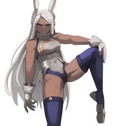 Rule 34 | 1girl, animal ears, biceps, boku no hero academia, boots, breasts, clothing cutout, commentary, crescent print, dark-skinned female, dark skin, fur collar, furrowed brow, gloves, hand on own knee, heattech leotard, highleg, highleg leotard, highres, jourd4n, leg lift, leg up, leotard, long hair, looking at viewer, mirko, muscular, muscular female, parted bangs, rabbit ears, rabbit girl, rabbit tail, red eyes, smile, solo, standing, standing on one leg, superhero costume, symbol-only commentary, tail, tail through clothes, taut leotard, thigh boots, thighhighs, turtleneck, white gloves, white hair, white leotard