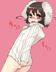 Rule 34 | 1girl, alternate costume, animal ears, ass, black hair, bottomless, covering privates, covering ass, embarrassed, inaba tewi, looking at viewer, looking back, naked sweater, open mouth, pink background, rabbit ears, red eyes, ribbed sweater, shirt tug, short hair, simple background, solo, sweater, touhou, turtleneck, wavy mouth, yunuki uta