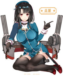 Rule 34 | 1girl, beret, black gloves, black hair, black thighhighs, breasts, character name, closed mouth, commentary request, full body, garter straps, gloves, hat, hayakawa akari, index finger raised, kantai collection, large breasts, looking at viewer, military, military uniform, miniskirt, pelvic curtain, red eyes, rigging, short hair, sidelocks, simple background, sitting, skirt, smile, solo, takao (kancolle), thighhighs, thighs, uniform, white background, yokozuwari