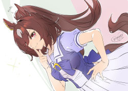 Rule 34 | 1girl, alternate hairstyle, animal ears, arrow (symbol), breasts, brown hair, closed mouth, commentary request, dutch angle, finger to mouth, hand on own hip, highres, horse ears, horse girl, horse tail, index finger raised, long hair, medium breasts, one eye closed, ponytail, puffy short sleeves, puffy sleeves, purple shirt, red eyes, sailor collar, school uniform, shirt, short sleeves, signature, sirius symboli (umamusume), skirt, smile, solo, tail, tracen school uniform, translation request, umamusume, white skirt, yanyo (ogino atsuki)