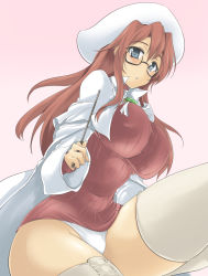Rule 34 | 1girl, aty, aty (summon night), bad id, bad pixiv id, blue eyes, bottomless, breasts, curvy, glasses, grey eyes, hat, hip focus, huge breasts, impossible clothes, impossible shirt, long hair, momio, panties, pointer, red hair, shirt, shortened garment, solo, summon night, summon night 2, summon night 3, thick thighs, thighhighs, thighs, underwear, wand, wide hips