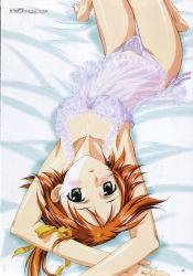 Rule 34 | 1girl, armpits, arms up, barefoot, bed, blue panties, blush, breasts, covered erect nipples, from above, green eyes, hair ribbon, hosoda naoto, lace, lace panties, lime-iro senkitan, lingerie, lying, negligee, on back, orange hair, panties, ribbon, sanada momen, scan, short hair, side-tie panties, side ponytail, solo, thigh gap, thighs, underwear, upside-down, watanabe mayumi
