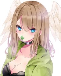 Rule 34 | 1girl, black choker, blue eyes, blush, breasts, brown hair, choker, cleavage, clover, collarbone, commentary request, eunie (xenoblade), feathered wings, four-leaf clover, green jacket, hair between eyes, head wings, highres, hood, hood down, hooded jacket, jacket, large breasts, long hair, looking at viewer, mouth hold, nanase nao, open clothes, open jacket, simple background, solo, upper body, white background, white wings, wings, xenoblade chronicles (series), xenoblade chronicles 3