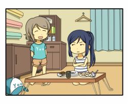 Rule 34 | 10s, 2girls, blue hair, brown hair, casual, chopsticks, clothes hanger, comic, crossed arms, cup, closed eyes, food, fried rice, hat, love live!, love live! sunshine!!, matsuura kanan, multiple girls, plate, ponytail, shiitake nabe tsukami, shirt, short hair, sleeveless, spoon, staring, t-shirt, table, tea, teacup, toothpick, watanabe you
