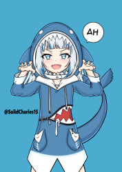 Rule 34 | 1girl, absurdres, animal hood, blue background, blue eyes, blue hair, blue nails, child, claw pose, cowboy shot, feet out of frame, female focus, fingernails, fins, fish tail, gawr gura, grey hair, highres, hololive, hololive english, hood, hood up, looking at viewer, multicolored hair, nail polish, open mouth, shark girl, shark hood, shark tail, sharp teeth, simple background, smile, solidcharles, solo, speech bubble, standing, tail, teeth, virtual youtuber