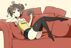 Rule 34 | 1girl, armpits, belt, black thighhighs, blue eyes, camisole, card, child, couch, denim, denim shorts, flat chest, head rest, money, original, red upholstery, short hair, shorts, simple background, sky-freedom, sky (sky-freedom), smile, smug, solo, tank top, thighhighs