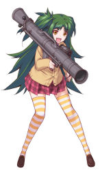 Rule 34 | 1girl, :d, artist request, bullet girls, cardigan, carl gustaf 8.4cm recoilless rifle, carl gustaf recoilless rifle, carl gustaf stads gevarsfaktori, character request, crew-served weapon, fang, full body, green hair, highres, kishino remi, loafers, long hair, long sleeves, looking at viewer, man-portable anti-tank systems, mole, mole under eye, official art, one side up, open mouth, plaid, plaid skirt, pleated skirt, rifling, rocket launcher, saab bofors dynamics, school uniform, shoes, simple background, skirt, smile, solo, striped clothes, striped thighhighs, thighhighs, very long hair, weapon, white background, yellow eyes, zettai ryouiki