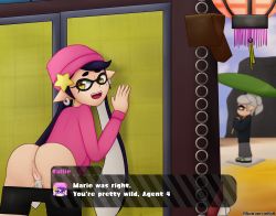Rule 34 | against wall, anus, ass, callie (splatoon), clothes pull, cum, cum in pussy, earrings, english text, hair ornament, highres, jewelry, marie (splatoon), nintendo, no panties, pointy ears, pussy, rsinnamonroll (artist), shorts, shorts pull, splatoon (series), splatoon 2, tentacle hair