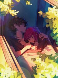 1boy 1girl absurdres amamiya_ren andrich_galam black_hair black_shirt closed_eyes closed_mouth commentary cuddling english_commentary highres indoors long_hair lying messy_hair on_bed persona persona_5 persona_5_the_royal pillow profile red_hair shared_bed shirt short_hair short_sleeves sleeping smile window yoshizawa_sumire