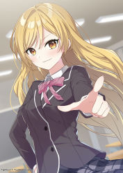 Rule 34 | &gt;:), 1girl, black jacket, black skirt, blazer, blonde hair, blurry, blurry background, blush, bow, breasts, brown eyes, closed mouth, collared shirt, commentary request, copyright notice, copyright request, depth of field, diagonal stripes, dress shirt, eyebrows hidden by hair, hair between eyes, highres, indoors, jacket, long hair, long sleeves, minamoto mamechichi, official art, pink bow, plaid, plaid skirt, pointing, pointing at viewer, shirt, skirt, small breasts, smile, solo, striped, striped bow, v-shaped eyebrows, very long hair, watermark, white shirt