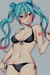 Rule 34 | 1girl, aqua hair, bikini, black bikini, grey background, hatsune miku, highres, ikura (user uuyj7743), looking at viewer, nail polish, navel, open clothes, red eyes, red nails, simple background, solo, swimsuit, tattoo, twintails, vocaloid