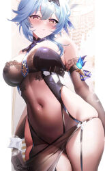 Rule 34 | 1girl, absurdres, bare shoulders, black gloves, black hairband, blue necktie, blush, breasts, commentary request, covered navel, elbow gloves, eula (genshin impact), fantongjun, genshin impact, gloves, hair ornament, hairband, highres, large breasts, looking at viewer, medium hair, necktie, parted lips, skindentation, solo, vision (genshin impact), wrist cuffs, yellow eyes