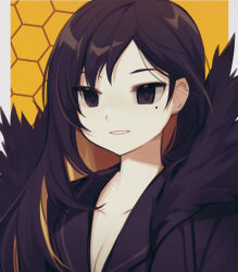 Rule 34 | 1girl, binah (project moon), black eyes, black hair, black jacket, black shirt, blonde hair, breasts, cleavage, colored inner hair, commentary request, empty eyes, eyebrows hidden by hair, fur-trimmed jacket, fur trim, jacket, library of ruina, long hair, medium breasts, mole, mole under eye, multicolored hair, open clothes, open jacket, portrait, project moon, sailor collar, shirt, solo, two-tone hair, willitansov2