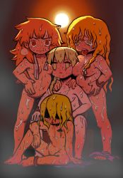 Rule 34 | 1boy, 3girls, azusa (cookie), blonde hair, blood, bow, braid, breasts, closed mouth, commentary request, completely nude, convenient censoring, cookie (touhou), full body, genderswap, genderswap (ftm), hair bow, highres, hot, kirisame marisa, long hair, looking at viewer, mars (cookie), medium breasts, multiple girls, nipples, nosebleed, nude, open mouth, orange hair, rei (cookie), sauna, shaded face, shitsumin, single braid, sitting, standing, sweat, tongue, tongue out, touhou, towel, towel around neck, trap, uzuki (cookie), water, white bow, yellow eyes