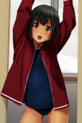 Rule 34 | 1girl, absurdres, black hair, blue one-piece swimsuit, blush, brown eyes, contrapposto, gluteal fold, head tilt, highres, indoors, jacket, long sleeves, matsunaga kouyou, nose blush, one-piece swimsuit, open clothes, open jacket, open mouth, original, red jacket, school swimsuit, short hair, solo, standing, swimsuit, track jacket