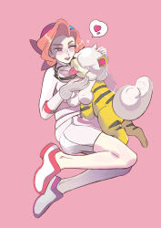 Rule 34 | 1girl, absurdres, affectionate, alternate color, bandana, blush, bright pupils, commentary request, covered collarbone, creatures (company), eyelashes, game freak, gloves, hands up, heart, highres, hiro (user negm3832), hisuian growlithe, nintendo, one eye closed, open mouth, orange hair, palina (pokemon), pink background, pink bandana, pokemon, pokemon legends: arceus, red footwear, shiny pokemon, shoes, short hair, shorts, simple background, smile, spoken heart, teeth, upper teeth only, white pupils, white shorts