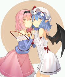 Rule 34 | 2girls, adapted costume, bare shoulders, bat wings, black hairband, blue hair, blue shirt, blush, breasts, cheek-to-cheek, circle, commentary request, cowboy shot, dress, elbow gloves, falken (yutozin), from side, gloves, hair between eyes, hairband, hand up, hat, hat ribbon, heads together, highres, holding hands, komeiji satori, light smile, long sleeves, looking at viewer, medium breasts, mob cap, multiple girls, off-shoulder shirt, off shoulder, petticoat, pink eyes, pink hair, pink skirt, pointy ears, red eyes, red ribbon, remilia scarlet, ribbon, shirt, short dress, short hair, sidelocks, skirt, standing, third eye, touhou, white background, white dress, white gloves, white headwear, wings