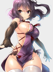 Rule 34 | &gt;:&lt;, 1girl, :&lt;, ao no kiseki, bare shoulders, breasts, chinese clothes, closed mouth, eiyuu densetsu, falcom, female focus, fingerless gloves, gloves, large breasts, long hair, naked tabard, naso4, purple eyes, purple hair, rixia mao, serious, sideboob, simple background, solo, tabard, thighhighs, thighs, v-shaped eyebrows, white thighhighs, wide hips, zero no kiseki