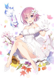 Rule 34 | 1girl, :d, absurdres, blue eyes, choker, dress, eyes visible through hair, fate/grand order, fate (series), flower, fou (fate), full body, ginkgo leaf, gloves, hair between eyes, hair flower, hair ornament, hair over one eye, high heels, highres, hydrangea, knees together feet apart, leaf, mamehamu, mash kyrielight, mash kyrielight (formal dress), official alternate costume, open mouth, petals, pink flower, pink hair, purple eyes, ribbon, ribbon choker, see-through, short dress, short hair, simple background, smile, solo, strapless, strapless dress, sunglasses, white background, white dress, white flower, white footwear, white gloves, white ribbon, yellow flower