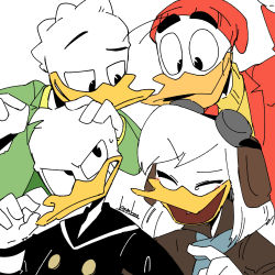 Rule 34 | 1girl, 3boys, artist name, aviator cap, bamboo 617, beanie, black eyes, black shirt, blush, brother and sister, cousins, della duck, disney, donald duck, duck tales, closed eyes, fethry duck, formal, furry, furry male, gladstone gander, goggles, grin, hand on another&#039;s head, hat, highres, laughing, long sleeves, looking at another, multiple boys, red headwear, sailor collar, scarf, shirt, siblings, simple background, smile, suit, sweater, thick eyebrows, twins, white background