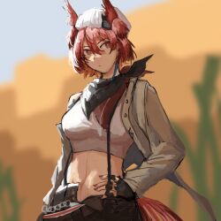 Rule 34 | 1girl, arknights, bandana, black gloves, blue sky, breasts, commentary request, crop top, fiammetta (arknights), fingerless gloves, gloves, grey jacket, hand on own hip, highres, jacket, large breasts, midriff, nail polish, navel, official alternate costume, open clothes, open jacket, orange eyes, outdoors, pointy hair, red hair, red nails, shirt, short hair, sky, solo, stomach, suspenders, upper body, white headwear, white shirt, yuec202108