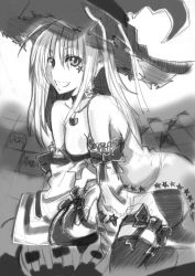 Rule 34 | 1girl, bare shoulders, breasts, choker, detached sleeves, dress, facial tattoo, greyscale, hat, jewelry, kneeling, long hair, monochrome, necklace, pentagram, sayamai miyabi, side slit, smile, solo, tattoo, thighhighs, witch hat
