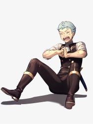 Rule 34 | 1boy, black footwear, blue hair, boots, caspar von bergliez, clenched hand, dagger, dirty, dirty clothes, dirty face, closed eyes, fire emblem, fire emblem: three houses, fist in hand, frustrated, full body, garreg mach monastery uniform, highres, injury, knife, light blue hair, male focus, moyashi mou2, neckerchief, nintendo, open mouth, pants, scabbard, shadow, sheath, sheathed, shirt, short hair, simple background, sitting, sleeves rolled up, solo, vest, weapon, white background