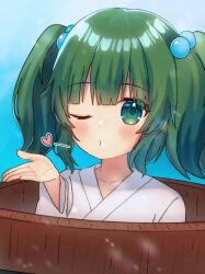 Rule 34 | 1girl, blue background, blush, bucket, green eyes, green hair, hair bobbles, hair ornament, heart, highres, in bucket, in container, japanese clothes, kimono, kisume, long sleeves, nene man, one eye closed, short hair, solo, touhou, two side up, white kimono, wide sleeves