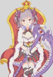 Rule 34 | 1girl, :d, absurdres, alternate costume, asymmetrical gloves, bandages, blush stickers, cloak, crown, dress, drill hair, frilled skirt, frills, fur trim, gloves, grey background, grey hair, hair ribbon, heart, highres, horns, idolmaster, idolmaster cinderella girls, kanzaki ranko, mini crown, open mouth, red eyes, ribbon, skirt, smile, solo, staff, syupocon, throne, twin drills, twintails, uneven gloves