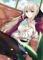 Rule 34 | 1girl, black pantyhose, blue eyes, blue skirt, breasts, cape, chair, cleavage, cup, drinking glass, fate/grand order, fate (series), highres, holding, holding cup, lankuchashuangjielong, large breasts, looking at viewer, morgan le fay (fate), pantyhose, plant, purple cape, shirt, silver hair, sitting, skirt, smile, solo, white shirt, window