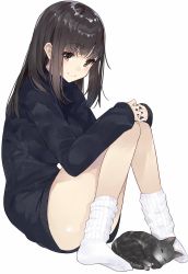 Rule 34 | 1girl, absurdres, black hair, bottomless, cat, highres, kou mashiro, long hair, sitting, socks, sweater