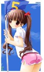 Rule 34 | 1girl, bow, brown eyes, brown hair, dated, flag, gym shorts, gym uniform, hair bow, leaning forward, long hair, looking back, noto (soranoto), numbered flag, original, shorts, solo, sweatdrop, twintails