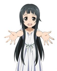 Rule 34 | 10s, 1girl, :d, bad anatomy, black eyes, black hair, collarbone, dress, grey ribbon, long hair, looking at viewer, open mouth, outstretched arm, simple background, sleeveless, sleeveless dress, smile, solo, standing, sundress, sword art online, very long hair, white background, white dress, yui (sao)