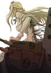 Rule 34 | 10s, 1girl, blonde hair, blurry, boushi-ya, braid, breasts, cable, cannon, chair, crown, cyborg, depth of field, french braid, from below, from side, jewelry, kantai collection, long hair, long sleeves, looking away, machinery, md5 mismatch, medium breasts, necklace, off shoulder, resolution mismatch, simple background, solo, source smaller, subdermal port, thighhighs, turret, warspite (kancolle), water drop, white background, white thighhighs, wire