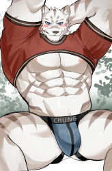 Rule 34 | 1boy, abs, animal ears, ao (chung0u0), arms behind head, bara, blue eyes, blue male underwear, blush, bulge, edging underwear, feet out of frame, furry, furry male, highres, jockstrap, large pectorals, looking at viewer, male focus, male underwear, mercenary (zero kara hajimeru mahou no sho), muscular, muscular male, navel, nipples, no pants, open clothes, paid reward available, pectorals, paid reward available, seductive smile, shrug (clothing), sitting, smile, solo, spread legs, stomach, striped, thick thighs, thighs, tiger boy, tiger ears, underpec, underwear, white fur, white hair, zero kara hajimeru mahou no sho