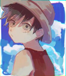 Rule 34 | 1boy, back, black hair, close-up, cloud, commentary request, hat, highres, looking at viewer, looking back, machida 0906, male focus, monkey d. luffy, one piece, red shirt, scar, scar on face, shirt, short hair, sky, solo, straw hat